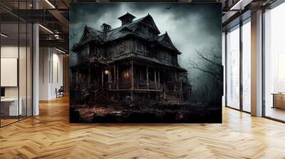 Scary house at night. Halloween design background wallpaper illustration. Generative AI Wall mural