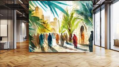 Triumphant Entry into Jerusalem: A Watercolor Illustration Depicting Palm Sunday from the New Testament Wall mural