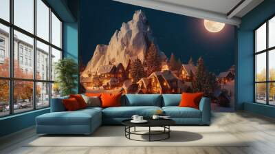 winter village covered with snow near mountains and trees at night with full moon illustration. Generative AI Wall mural