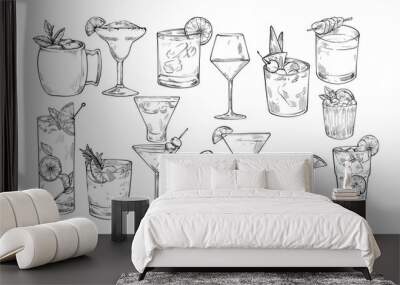 cocktail drink handdrawn illustration engraving Wall mural