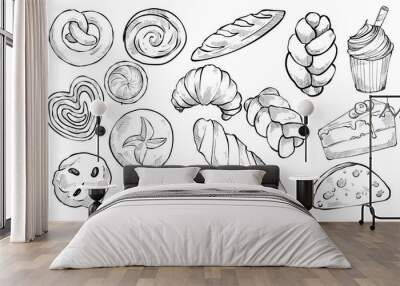 pastry handdrawn collection Wall mural