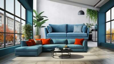  blue sofa and white wall in modern living room AI Generated Wall mural