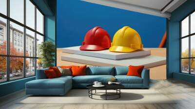  Yellow red and blue safety helmet on workplace table AI Generated Wall mural