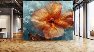 A delicate orange flower with water droplets rests on a bed of translucent leaves and bubbles Wall mural