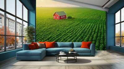 A Red House Amidst a Lush Green Field of Crops Wall mural