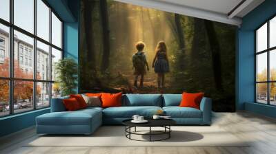 AI Generated two kids Feeling the magical atmosphere as they enter forest background Wall mural