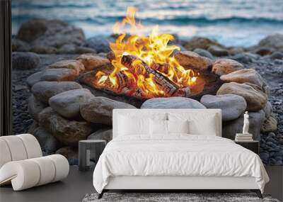 campfire crackling on sandy beach professional photography Wall mural