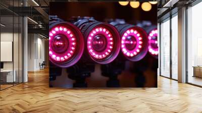 Close-up of multiple camera lenses with pink LED lights surrounding the lens. Wall mural