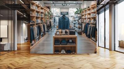 Clothing Store Interior with Wooden Shelving and Denim Jacket Display Wall mural