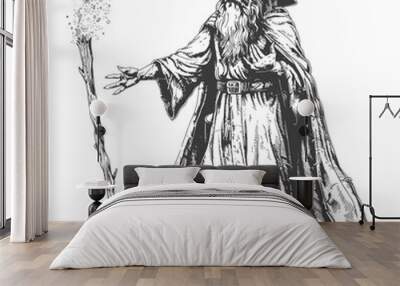 elf mage or necromancer with magical staff images using Old engraving style Wall mural