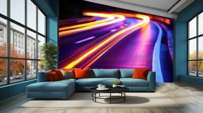 Futuristic light trails on asphalt road at night Wall mural