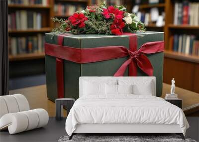 Green Box Tied With Red Ribbon and Flowers on a Wooden Table Wall mural