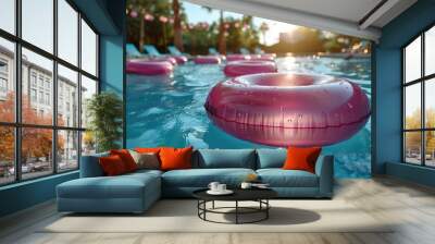 Pink inner tube floats in a blue swimming pool on a sunny day Wall mural