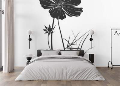 Silhouette cosmos flower in the ground black color only Wall mural