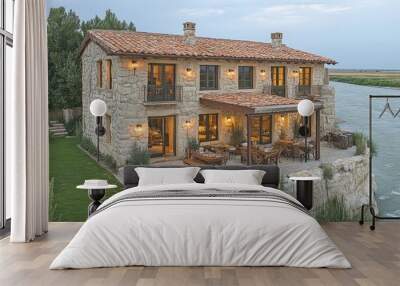 Stone House with Patio Overlooking a River Wall mural