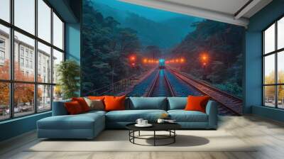 Train Tracks Through Misty Forest At Night Wall mural