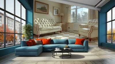 Two White Leather Couches in a Sunlit Living Room Wall mural