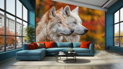 Two Wolves Close Up Portrait in Autumn Foliage Wall mural