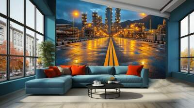 Wet Asphalt Road Leading to an Illuminated Industrial Complex at Night Wall mural