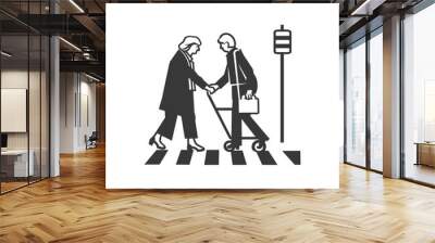 woman helps the elderly man cross minimalist line art icon logo symbol  Wall mural