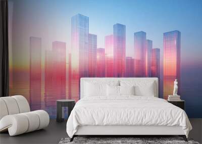 Sleek and modern abstract background with a minimalist cityscape made of glass, featuring vertical bar charts rising against a gradient blue sky Wall mural