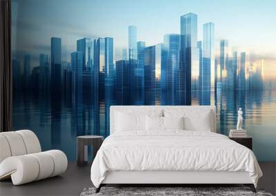 Sleek and modern abstract background with a minimalist cityscape made of glass, featuring vertical bar charts rising against a gradient blue sky Wall mural