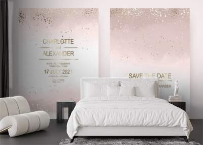 Wedding invitation templates with gold border confetti and dusty rose watercolor texture. Wall mural