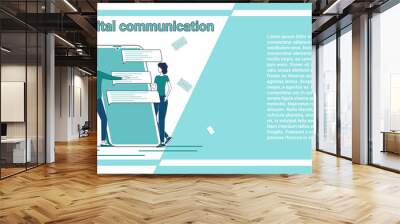 Digital communication.Online communication, use of social networks.People on the background of a smartphone and an open messenger.An illustration in the style of a green landing page. Wall mural