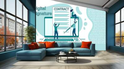 Digital contract.Business concept of electronic signature and digital documentation management.People on the background of a laptop with a digital document.An illustration in the style of a landing pa Wall mural