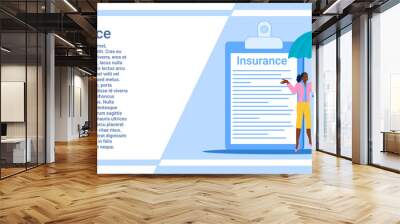 Insurance.People on the background of an umbrella and a contract.An illustration in the style of a green landing page. Wall mural