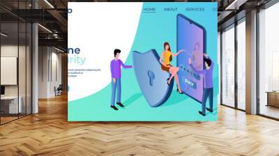 Online security.Mobile data security.The concept of protecting online payments and Bank data.The use of a password when using the payment.Isometric vector illustration. Wall mural