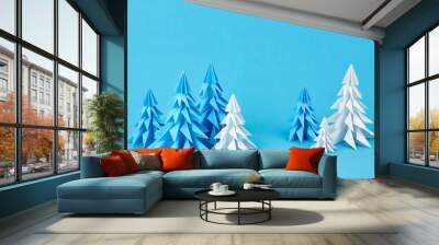 Blue and white paper origami christmas trees Wall mural