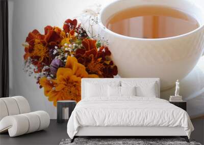 Bouquet of autumn flowers with a cup of tea Wall mural