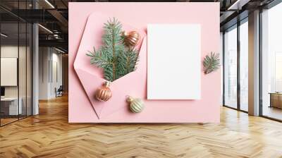 Christmas holidays greeting card mockup with festive decor on pink, new year card mock up with copy space Wall mural