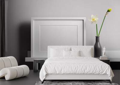 Landscape frame mockup on grey wall with flowers on white shelf Wall mural