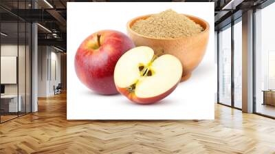 Apple pectin fiber powder in wooden bowl and fresh red apple with cut in half slice isolated on white background.  Wall mural