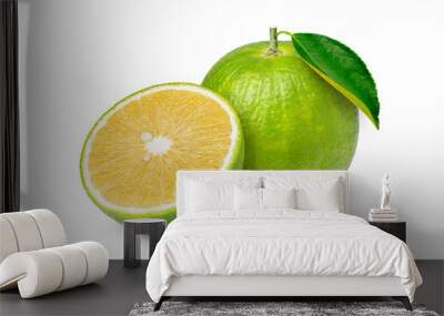 
Aurantium citrus (Bitter orange or Seville orange) with cut in half sliced and green leaf isolated on white background. Wall mural