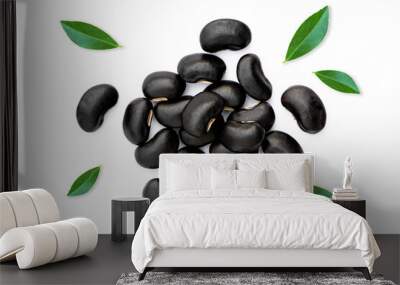 Black beans with green leaf isolated on white background.  Wall mural