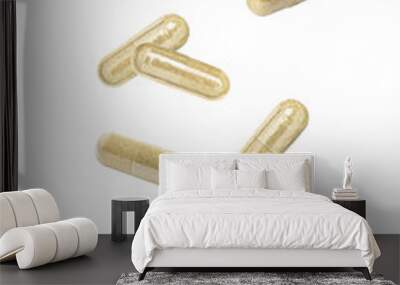 Brown medicine capsule pill flying isolated on white background. Wall mural