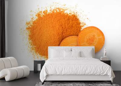 Carrot powder and fresh carrot slices isolated on white background. Top view. Flat lay. Wall mural