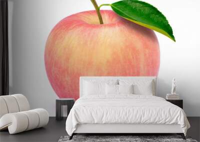 Closeup pink fuji apple with green leaf isolated on white background. Clipping path. Full depth of field. Wall mural