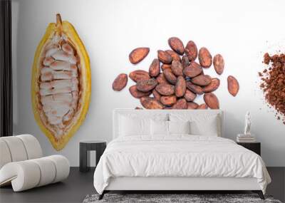 Cocoa fruit with cocoa bean and cacao powder isolated on white background, top view, flat lay. Wall mural