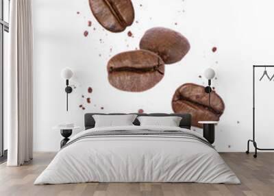 Coffee bean and coffee powder falling in the air isolated on white background. Wall mural