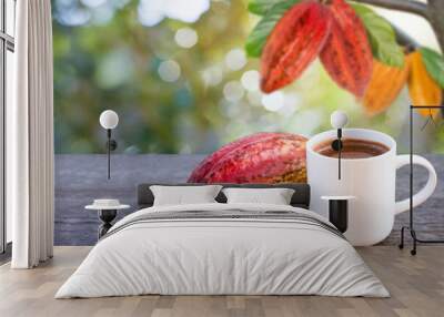 Cup of hot chocolate cocoa drink and fresh cocoa fruit on wooden table with blurred background. Wall mural