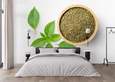 Dry basil leaf powder and fresh basil leaf isolated on white background, top view, flat lay. Wall mural