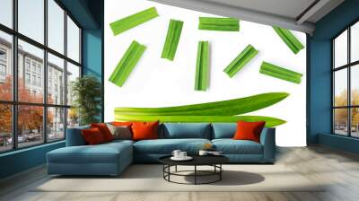 Fresh green pandan leaf and slice ( Pandanus amaryllifolius come ) isolated on white background. Top view. Flat lay. Wall mural