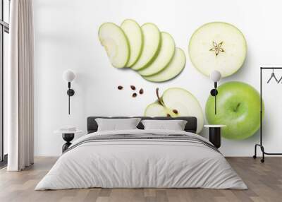 Green granny smith apple and cut in half sliced with seeds isolated on white background. top view, flat lay. Wall mural