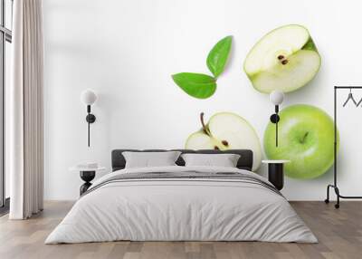 green granny smith apple and half slice with leaves isolated on white background. top view, flat lay Wall mural