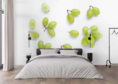 Green grapes isolated on white background. Top view. Flat lay.  Wall mural