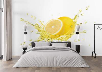 Lemon oil or lemon juice splash with fresh limon fruit isolated on white background.  Wall mural